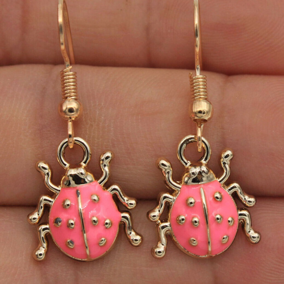 Gold Plated Pink Lady Bug Dangle Earrings Party Gift - Picture 3 of 4